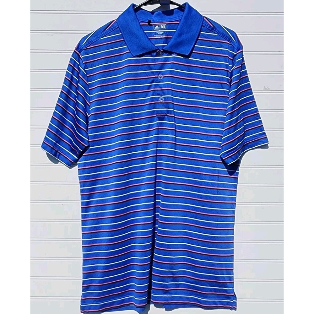 Mens Size M Adidas Blue Striped Golf Polo Short Sleeve
